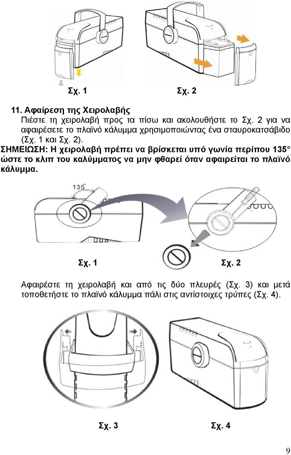 ΣΗΜΕΙΩΣΗ: Η χειρολαβή πρέπει να βρίσκεται υπό γωνία περίπου 135 ώστε το κλιπ του καλύµµατος να µην φθαρεί όταν αφαιρείται