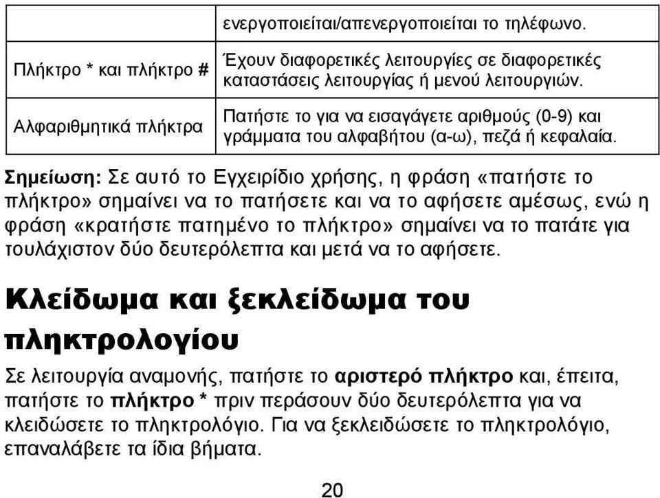 Σημείωση: Σε αυτό το Εγχειρίδιο χρήσης, η φράση «πατήστε το πλήκτρο» σημαίνει να το πατήσετε και να το αφήσετε αμέσως, ενώ η φράση «κρατήστε πατημένο το πλήκτρο» σημαίνει να το πατάτε για