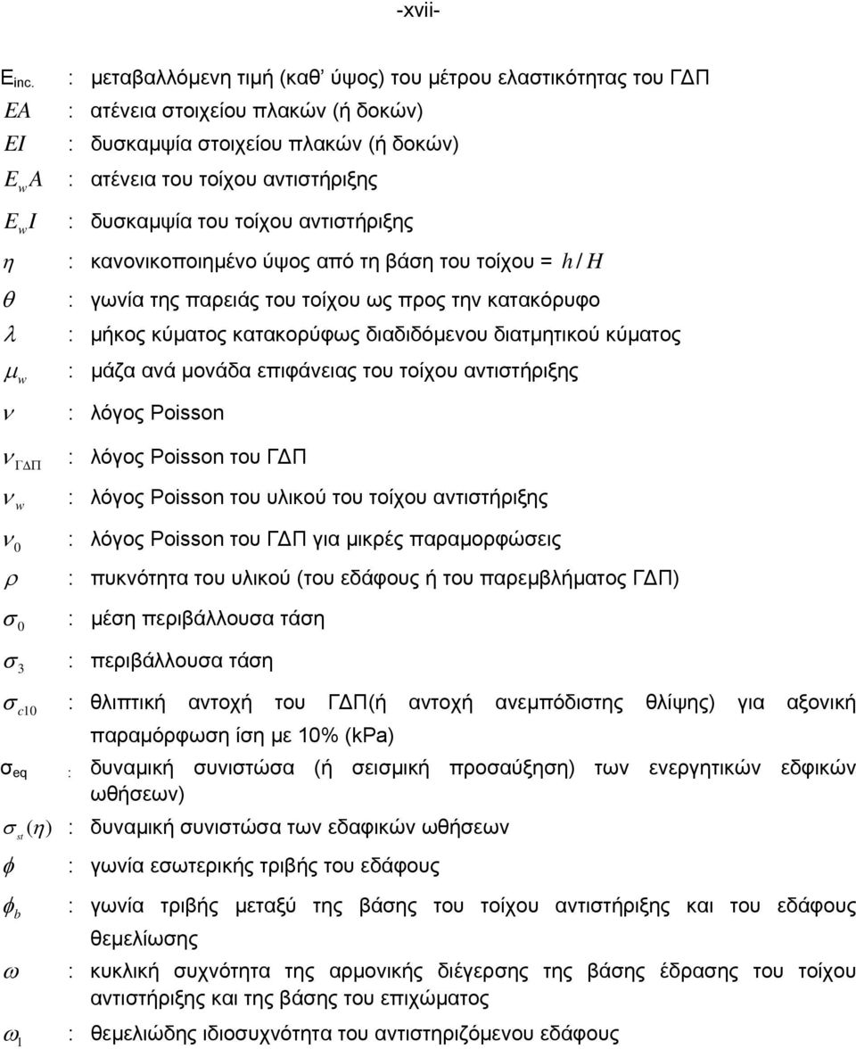 δυσκαµψία του τοίχου αντιστήριξης η : κανονικοποιηµένο ύψος από τη βάση του τοίχου = h / H θ λ : γωνία της παρειάς του τοίχου ως προς την κατακόρυφο : µήκος κύµατος κατακορύφως διαδιδόµενου