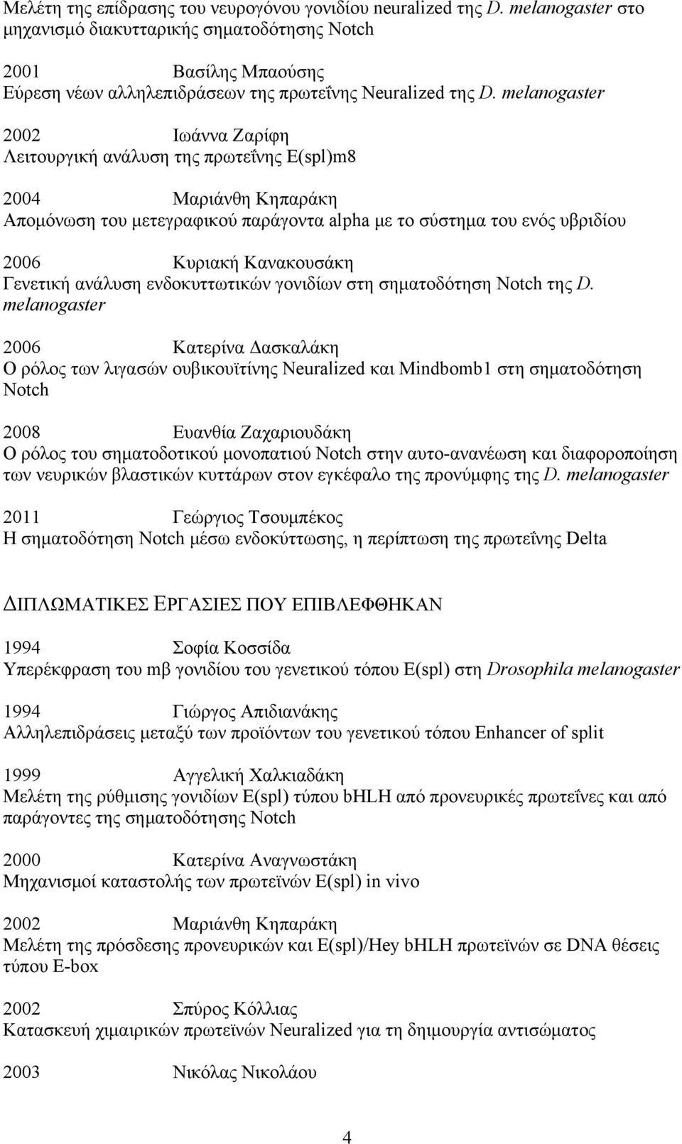 melanogaster 2002 Iωάννα Ζαρίφη Λειτουργική ανάλυση της πρωτεΐνης E(spl)m8 2004 Mαριάνθη Κηπαράκη Απομόνωση του μετεγραφικού παράγοντα alpha με το σύστημα του ενός υβριδίου 2006 Κυριακή Κανακουσάκη