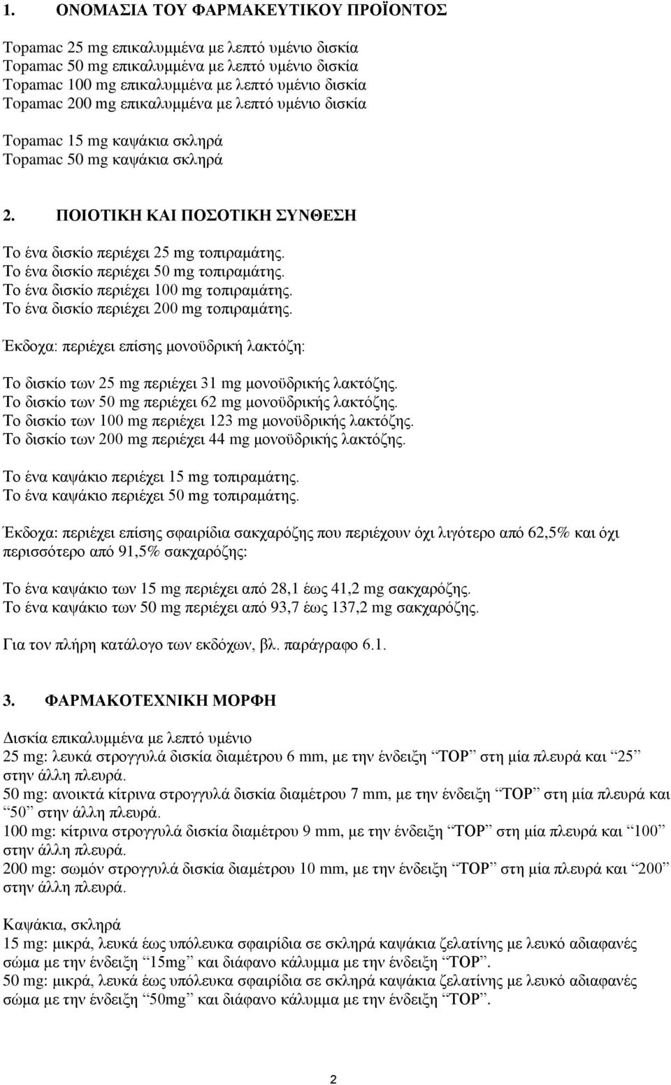 Το ένα δισκίο περιέχει 50 mg τοπιραμάτης. Το ένα δισκίο περιέχει 100 mg τοπιραμάτης. Το ένα δισκίο περιέχει 200 mg τοπιραμάτης.