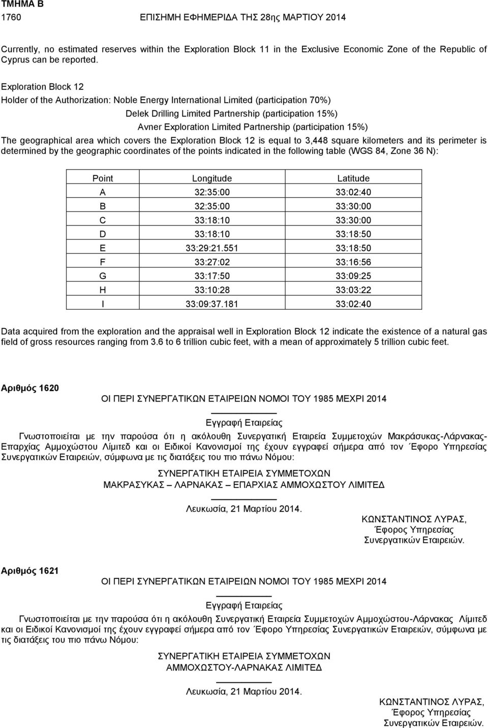 (participation 15%) The geographical area which covers the Exploration Block 12 is equal to 3,448 square kilometers and its perimeter is determined by the geographic coordinates of the points