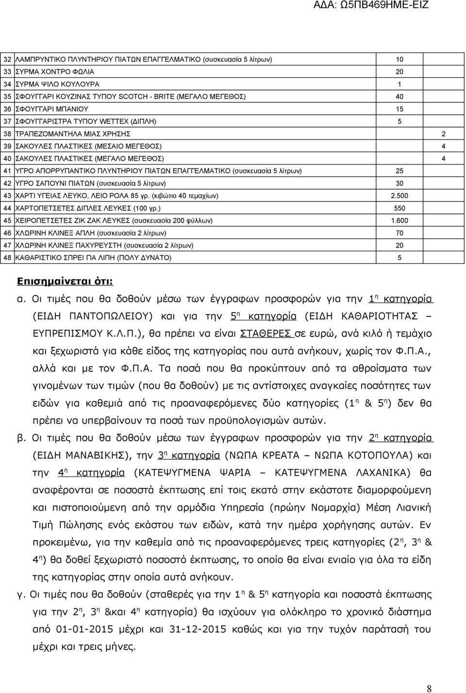 ΠΙΑΤΩΝ ΕΠΑΓΓΕΛΜΑΤΙΚΟ (συσκευασία 5 λίτρων) 25 42 ΥΓΡΟ ΣΑΠΟΥΝΙ ΠΙΑΤΩΝ (συσκευασία 5 λίτρων) 30 43 ΧΑΡΤΙ ΥΓΕΙΑΣ ΛΕΥΚΟ, ΛΕΙΟ ΡΟΛΑ 85 γρ. (κιβώτιο 40 τεμαχίων) 2.