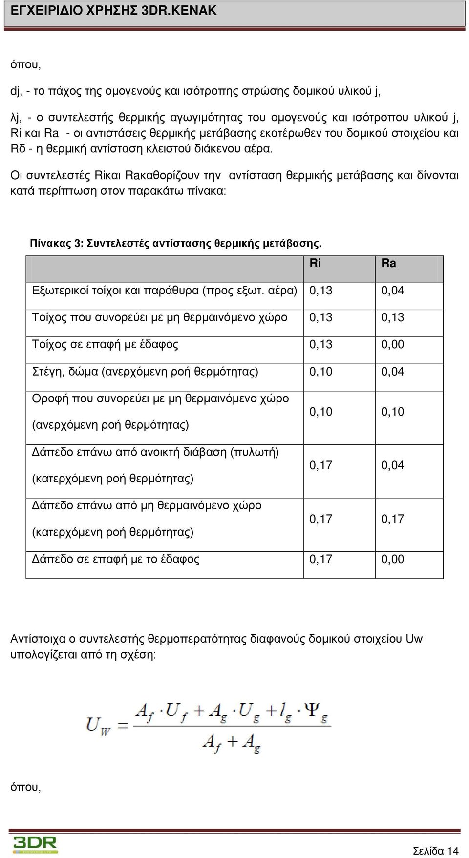 Οι συντελεστές Riκαι Raκαθορίζουν την αντίσταση θερμικής μετάβασης και δίνονται κατά περίπτωση στον παρακάτω πίνακα: Πίνακας 3: Συντελεστές αντίστασης θερμικής μετάβασης.