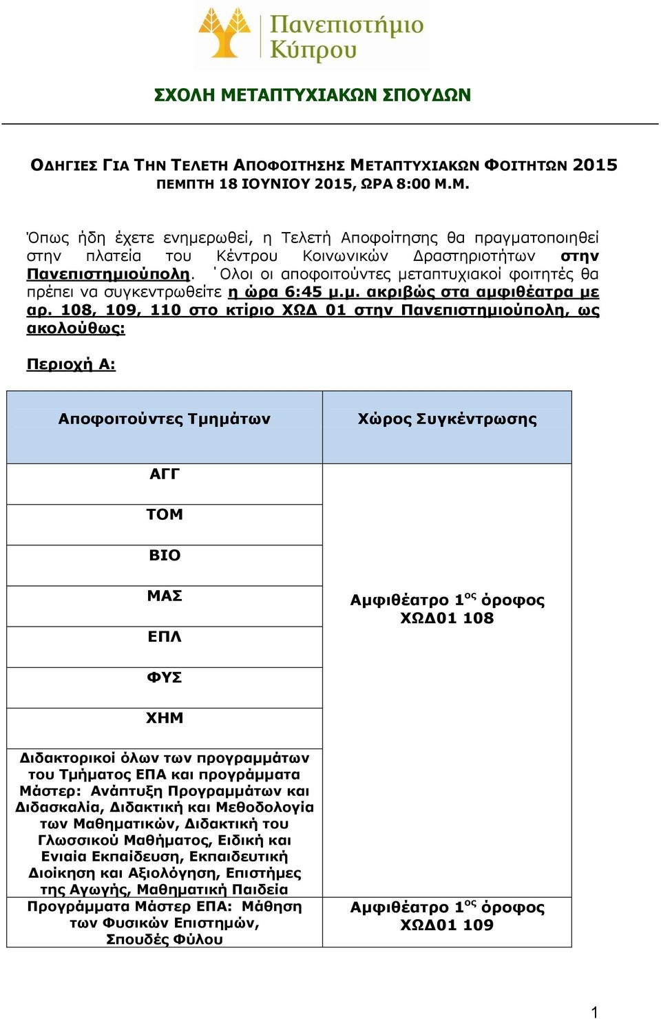 108, 109, 110 στο κτίριο ΧΩΔ 01 στην Πανεπιστημιούπολη, ως ακολούθως: Περιοχή Α: Αποφοιτούντες Τμημάτων Χώρος Συγκέντρωσης ΑΓΓ ΤΟΜ ΒΙΟ ΜΑΣ ΕΠΛ ΧΩΔ01 108 ΦΥΣ ΧΗΜ Διδακτορικοί όλων των προγραμμάτων του