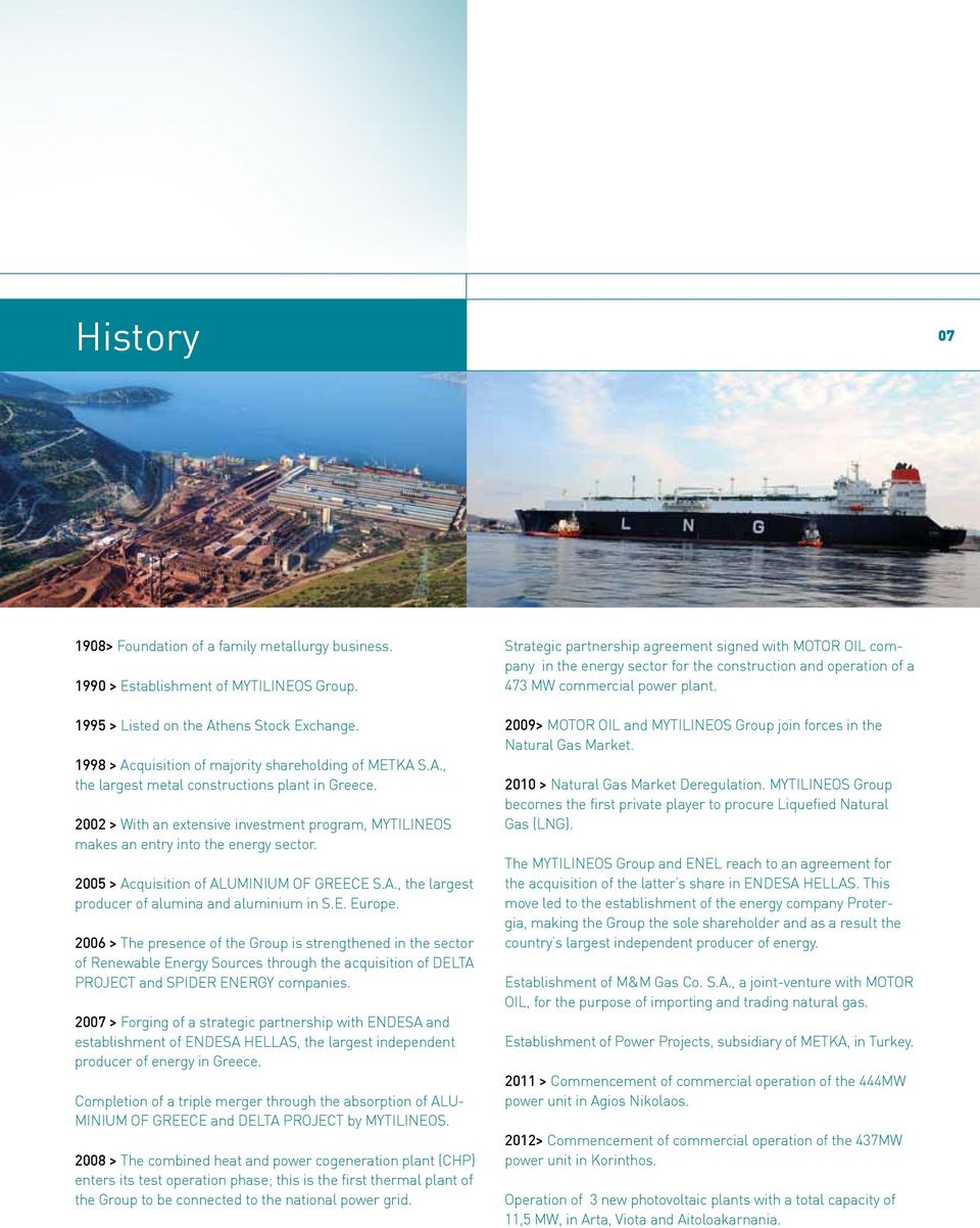 2002 > With an extensive investment program, MYTILINEOS makes an entry into the energy sector. 2005 > Acquisition of ALUMINIUM OF GREECE S.A., the largest producer of alumina and aluminium in S.E. Europe.