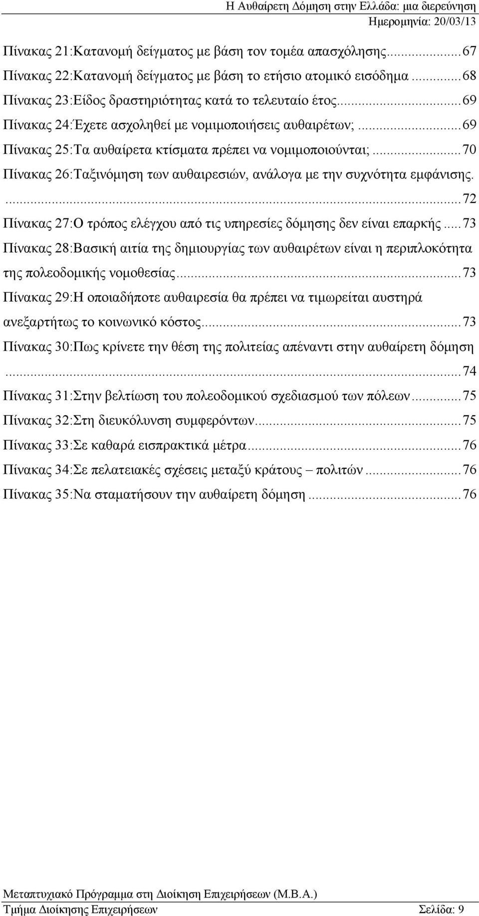 .. 70 Πίνακας 26:Ταξινόμηση των αυθαιρεσιών, ανάλογα με την συχνότητα εμφάνισης.... 72 Πίνακας 27:Ο τρόπος ελέγχου από τις υπηρεσίες δόμησης δεν είναι επαρκής.