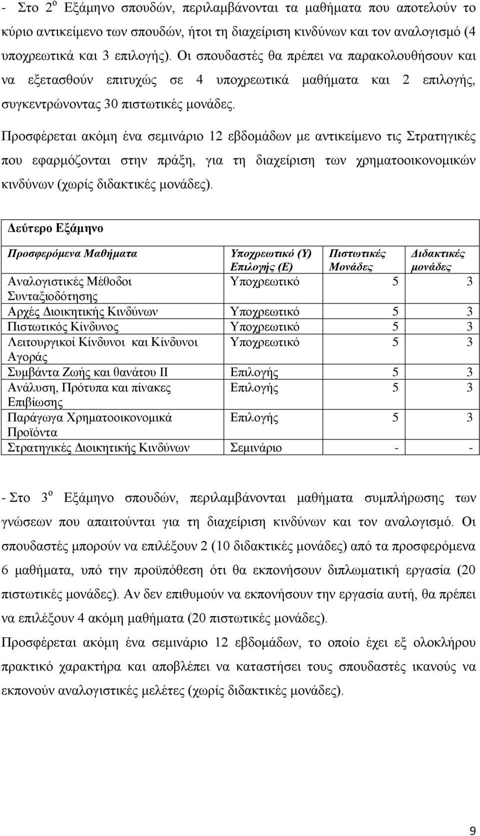 Προσφέρεται ακόμη ένα σεμινάριο 12 εβδομάδων με αντικείμενο τις Στρατηγικές που εφαρμόζονται στην πράξη, για τη διαχείριση των χρηματοοικονομικών κινδύνων (χωρίς διδακτικές μονάδες).