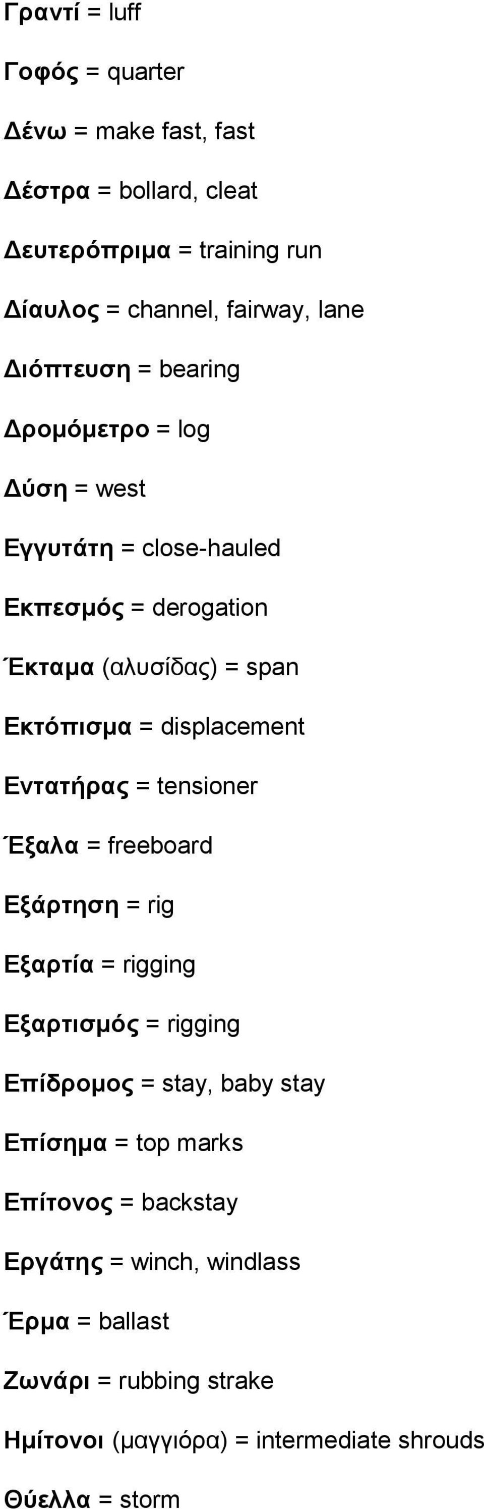 displacement Εντατήρας = tensioner Έξαλα = freeboard Εξάρτηση = rig Εξαρτία = rigging Εξαρτισµός = rigging Επίδροµος = stay, baby stay