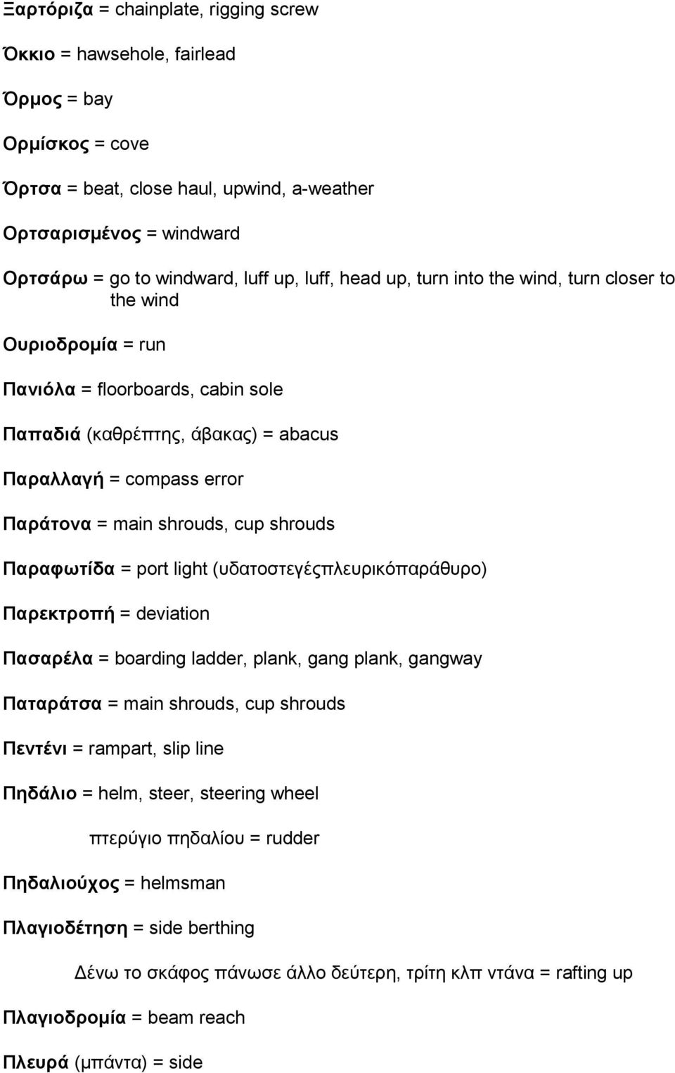 cup shrouds Παραφωτίδα = port light (υδατοστεγέςπλευρικόπαράθυρο) Παρεκτροπή = deviation Πασαρέλα = boarding ladder, plank, gang plank, gangway Παταράτσα = main shrouds, cup shrouds Πεντένι =