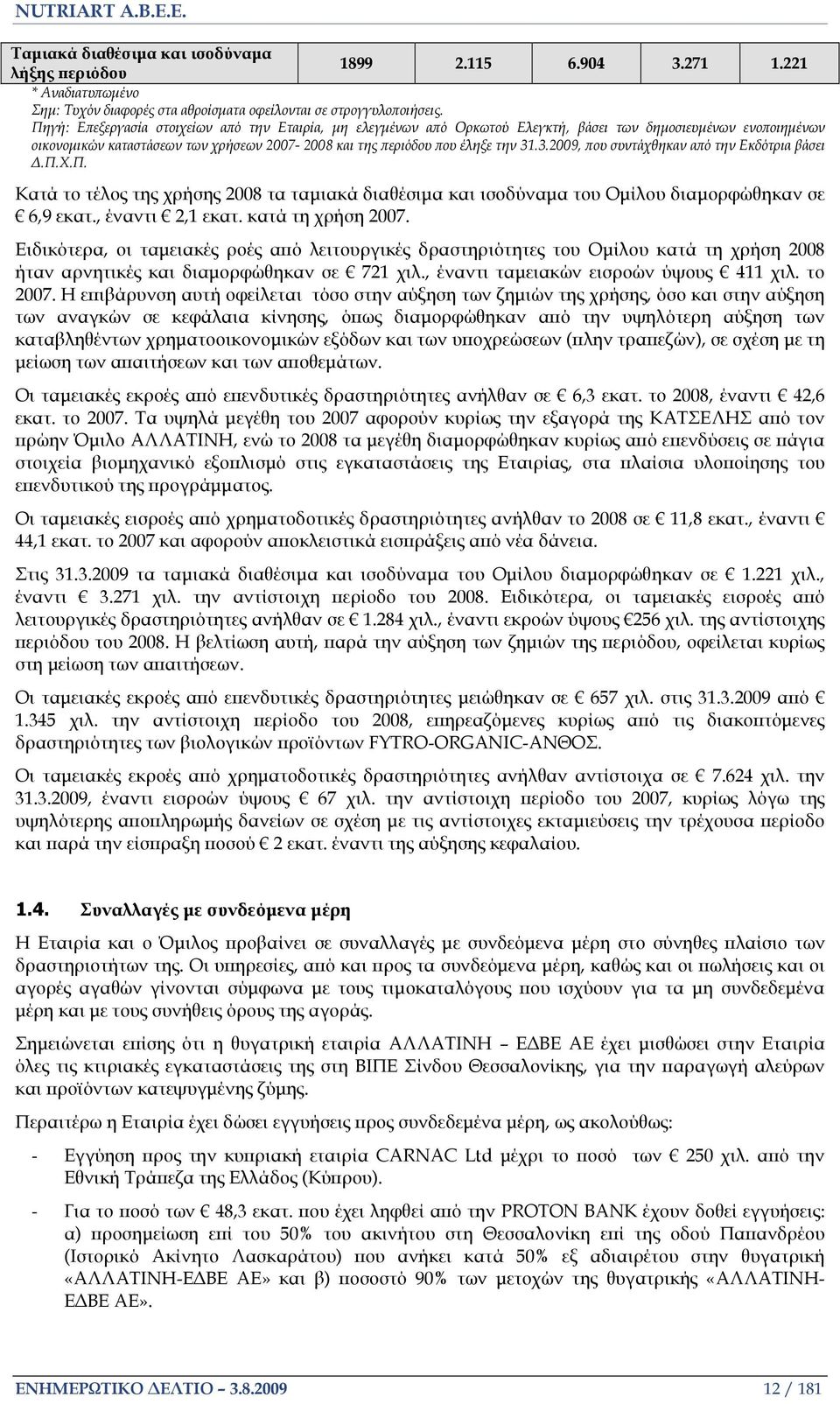 .3.2009, ου συντάχθηκαν α ό την Εκδότρια βάσει.π.χ.π. Κατά το τέλος της χρήσης 2008 τα ταµιακά διαθέσιµα και ισοδύναµα του Οµίλου διαµορφώθηκαν σε 6,9 εκατ., έναντι 2,1 εκατ. κατά τη χρήση 2007.