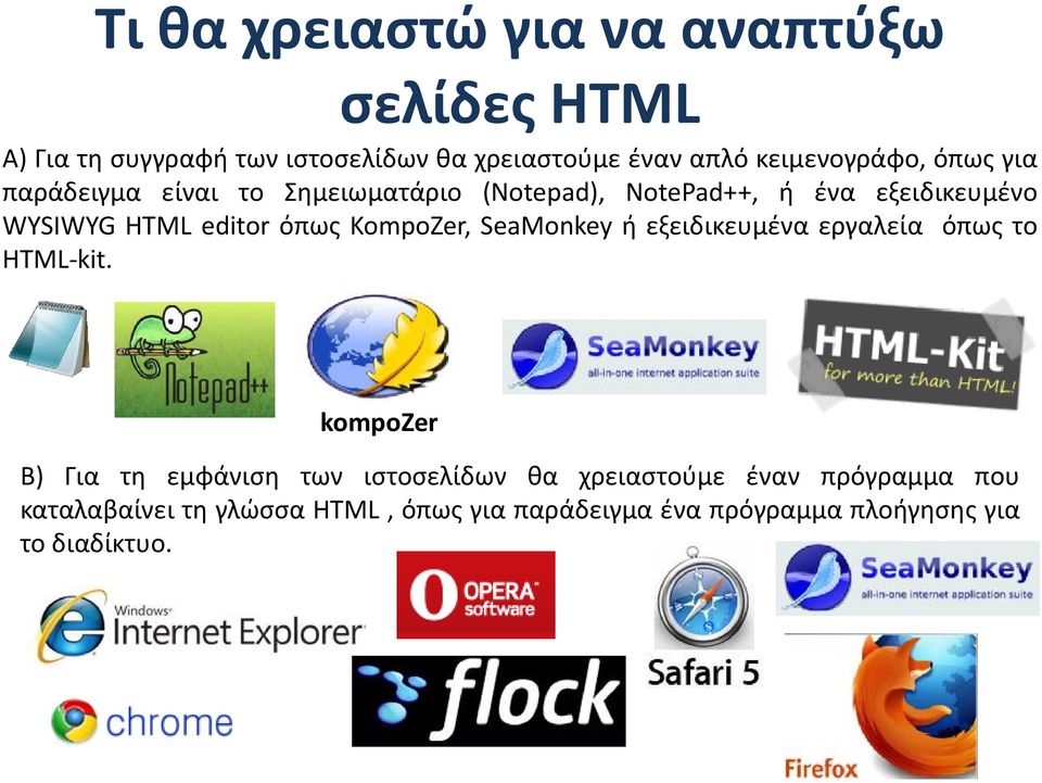 editor όπως KompoZer,SeaMonkey ή εξειδικευμένα εργαλεία όπως το HTML-kit.