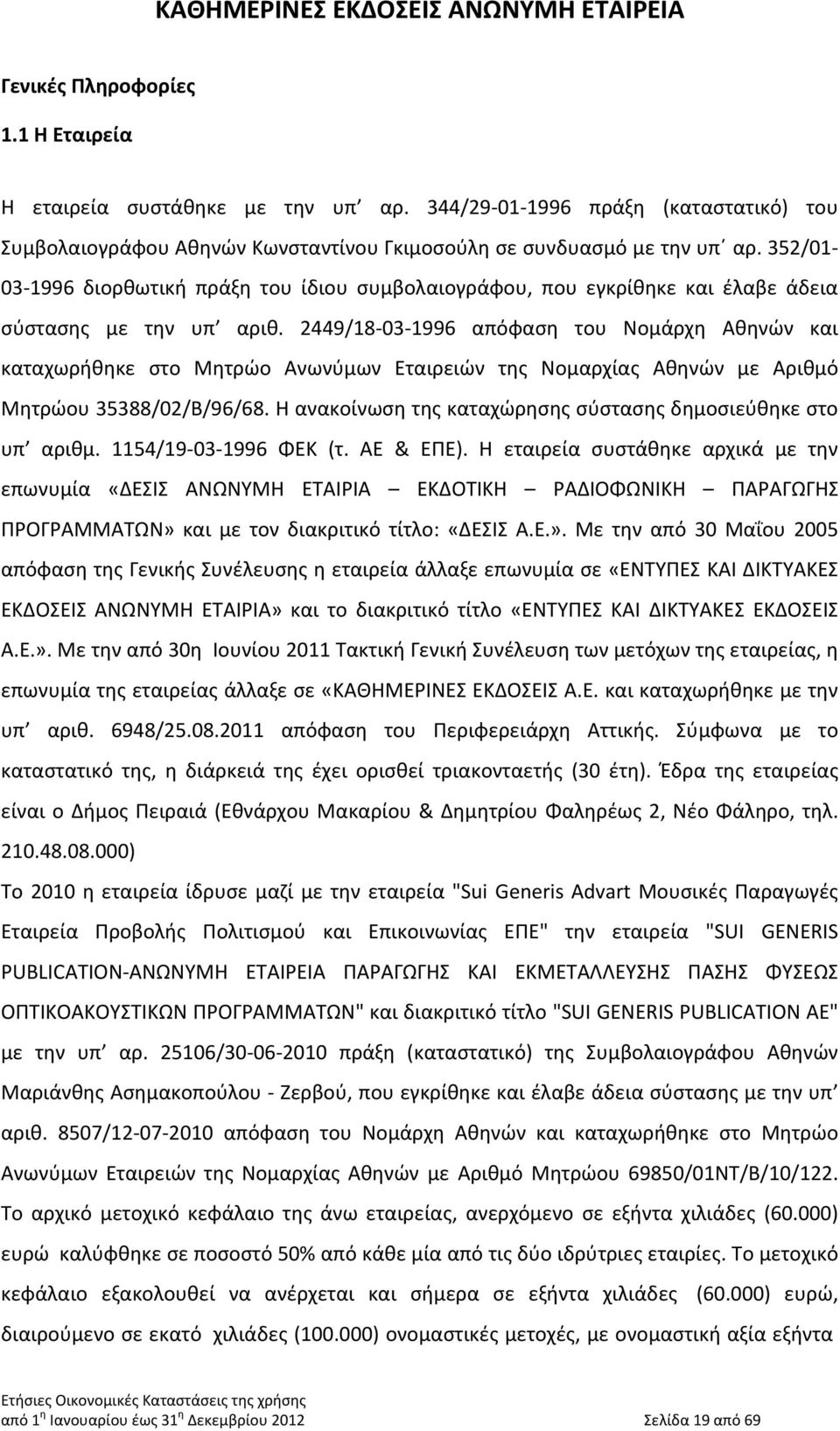 2449/18 03 1996 απόφαση του Νομάρχη Αθηνών και καταχωρήθηκε στο Μητρώο Ανωνύμων Εταιρειών της Νομαρχίας Αθηνών με Αριθμό Μητρώου 35388/02/Β/96/68.