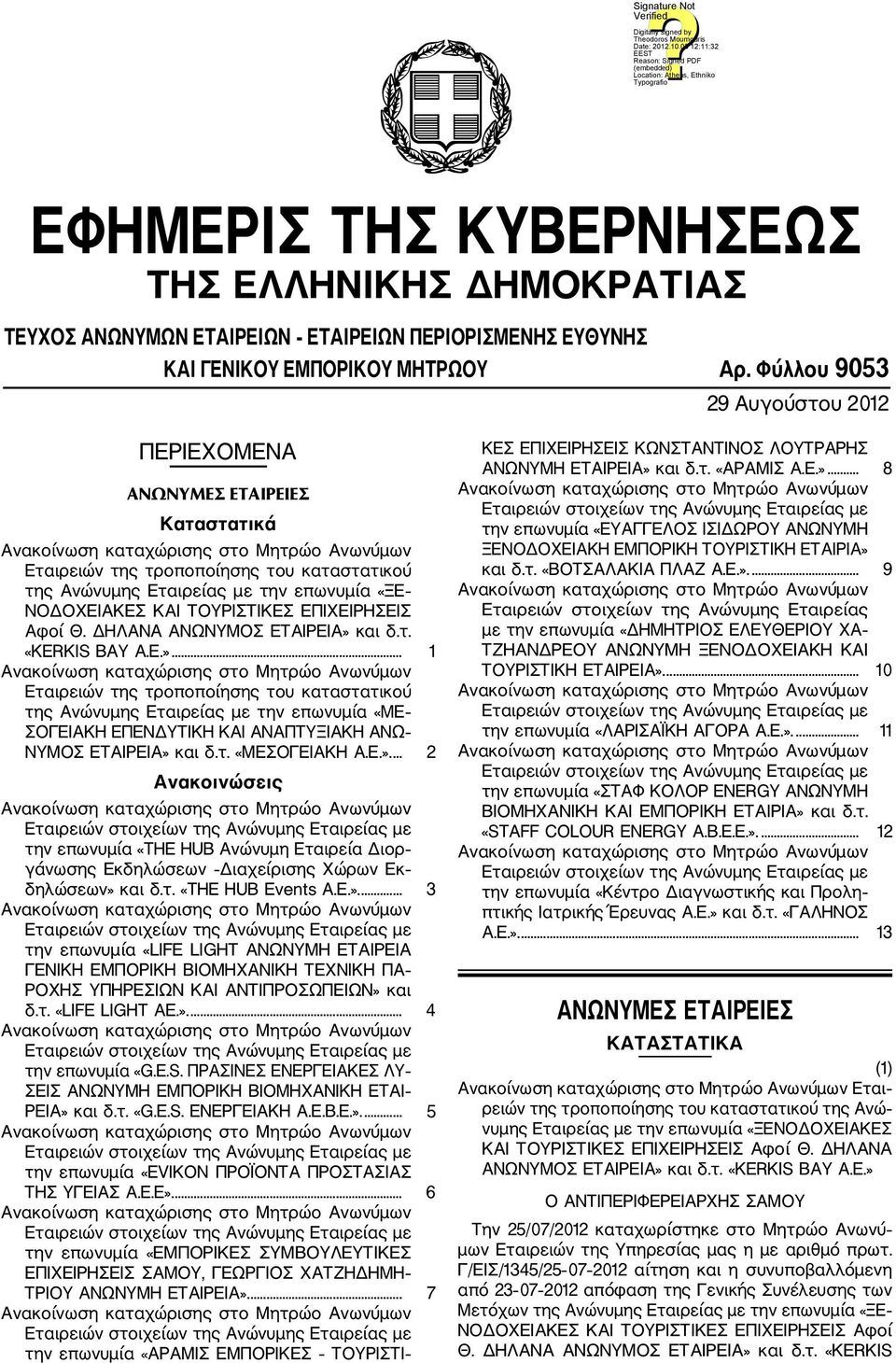 ΕΠΙΧΕΙΡΗΣΕΙΣ Αφοί Θ. ΔΗΛΑΝΑ ΑΝΩΝΥΜΟΣ ΕΤΑΙΡΕΙΑ» και δ.τ. «KERKIS BAY A.E.»... 1 Εταιρειών της τροποποίησης του καταστατικού της Ανώνυμης Εταιρείας με την επωνυμία «ΜΕ ΣΟΓΕΙΑΚΗ ΕΠΕΝΔΥΤΙΚΗ ΚΑΙ ΑΝΑΠΤΥΞΙΑΚΗ ΑΝΩ ΝΥΜΟΣ ΕΤΑΙΡΕΙΑ» και δ.