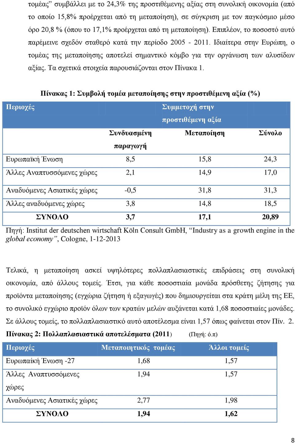 Ιδιαίτερα στην Ευρώπη, ο τομέας της μεταποίησης αποτελεί σημαντικό κόμβο για την οργάνωση των αλυσίδων αξίας. Τα σχετικά στοιχεία παρουσιάζονται στον Πίνακα 1.