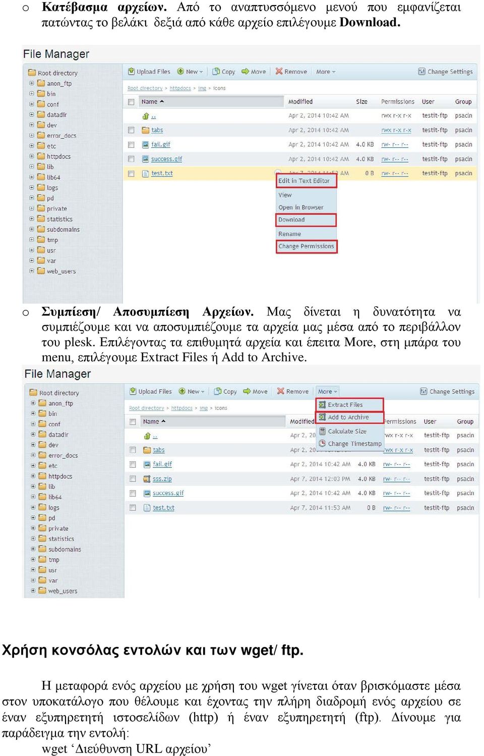 Επιλέγοντας τα επιθυμητά αρχεία και έπειτα More, στη μπάρα του menu, επιλέγουμε Extract Files ή Add to Archive. Χρήση κονσόλας εντολών και των wget/ ftp.