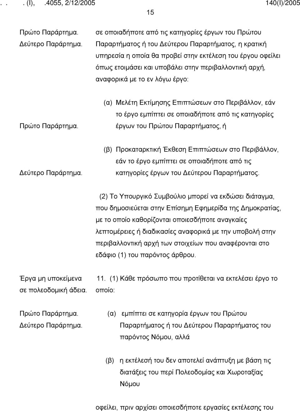 περιβαλλοντική αρχή, αναφορικά με το εν λόγω έργο: Πρώτο Παράρτημα.