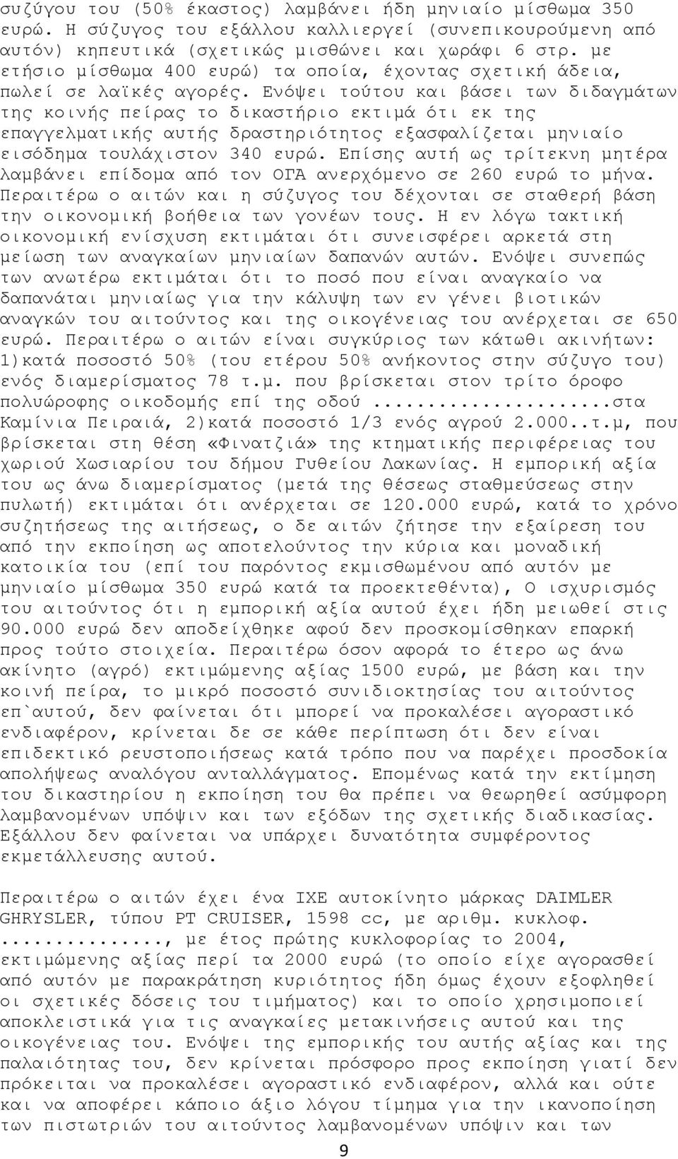 Ενόψει τούτου και βάσει των διδαγμάτων της κοινής πείρας το δικαστήριο εκτιμά ότι εκ της επαγγελματικής αυτής δραστηριότητος εξασφαλίζεται μηνιαίο εισόδημα τουλάχιστον 340 ευρώ.