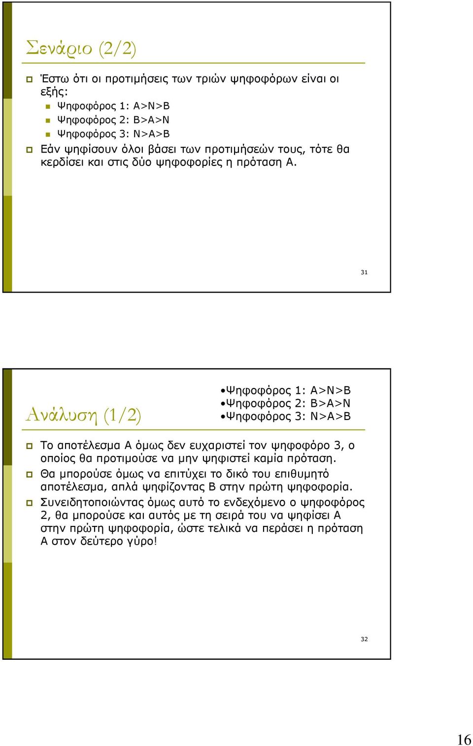 31 Ανάλυση (1/2) Ψηφοφόρος 1: Α>Ν>Β Ψηφοφόρος 2: Β>Α>Ν Ψηφοφόρος 3: Ν>Α>Β Το αποτέλεσμα Α όμως δεν ευχαριστεί τον ψηφοφόρο 3, ο οποίος θα προτιμούσε να μην ψηφιστεί καμία