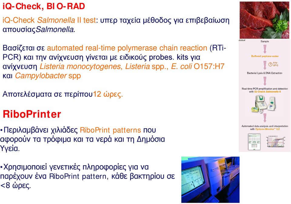 kits για ανίχνευση Listeria monocytogenes, Listeria spp., E. coli O157:H7 και Campylobacter spp Αποτελέσματα σε περίπου12 ώρες.