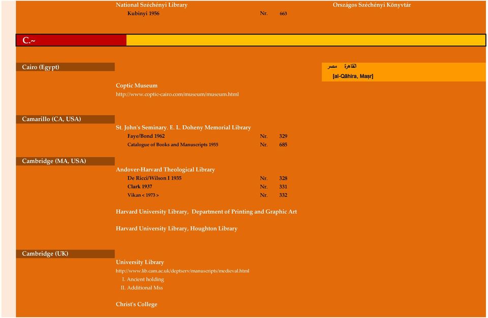 685 Cambridge (MA, USA) Andover-Harvard Theological Library De Ricci/Wilson I 1935 Nr. 328 Clark 1937 Nr. 331 Vikan < 1973 > Nr.