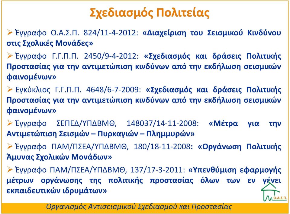 για την Αντιμετώπιση Σεισμών Πυρκαγιών Πλημμυρών» Έγγραφο ΠΑΜ/ΠΣΕΑ/ΥΠΔΒΜΘ, 180/18-11-2008: «Οργάνωση Πολιτικής Άμυνας Σχολικών Μονάδων» Έγγραφο ΠΑΜ/ΠΣΕΑ/ΥΠΔΒΜΘ, 137/17-3-2011: