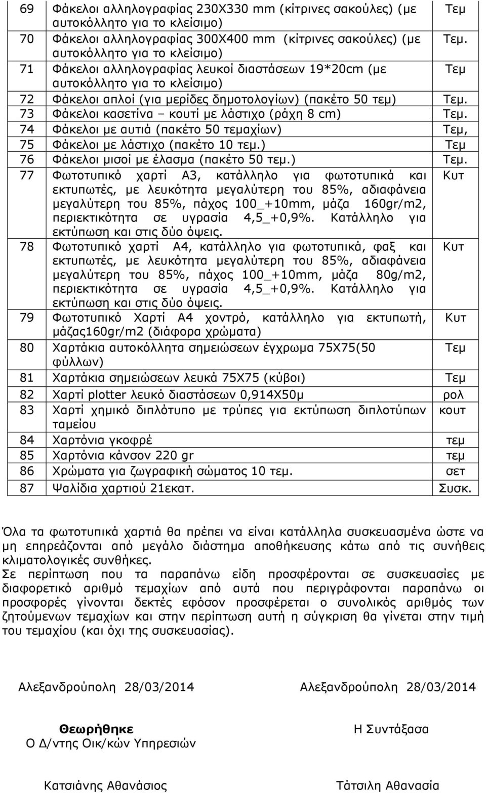 αυτιά (πακέτο 50 αχίων) Τεµ, 75 Φάκελοι µε λάστιχο (πακέτο 10.) Τεµ 76 Φάκελοι µισοί µε έλασµα (πακέτο 50.