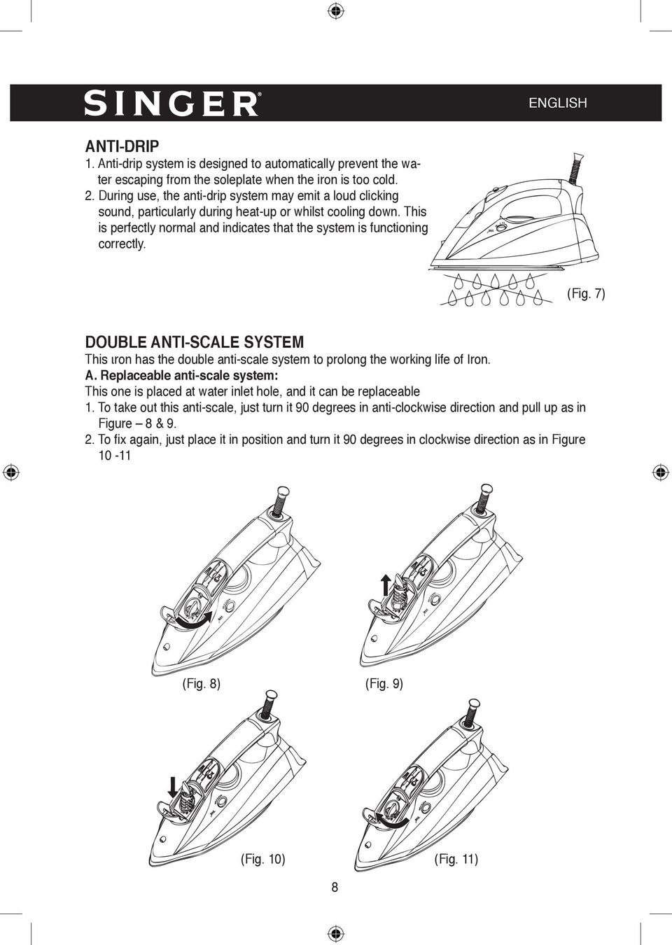 (Fig. 7) DOUBLE ANTI-SCALE SYSTEM This ιron has the double anti-scale system to prolong the working life of Iron. A. Replaceable anti-scale system: This one is placed at water inlet hole, and it can be replaceable 1.