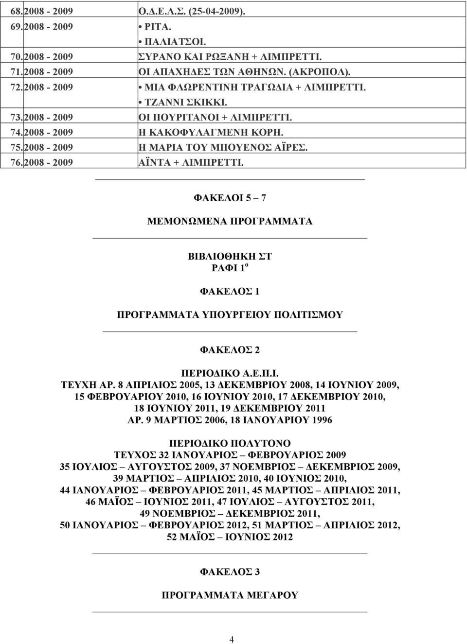 2008-2009 ΑΪΝΤΑ + ΛΙΜΠΡΕΤΤΙ. ΦΑΚΕΛΟΙ 5 7 ΜΕΜΟΝΩΜΕΝΑ ΠΡΟΓΡΑΜΜΑΤΑ ΒΙΒΛΙΟΘΗΚΗ ΣΤ ΡΑΦΙ 1 ο ΦΑΚΕΛΟΣ 1 ΠΡΟΓΡΑΜΜΑΤΑ ΥΠΟΥΡΓΕΙΟΥ ΠΟΛΙΤΙΣΜΟΥ ΦΑΚΕΛΟΣ 2 ΠΕΡΙΟΔΙΚΟ Α.Ε.Π.Ι. ΤΕΥΧΗ ΑΡ.