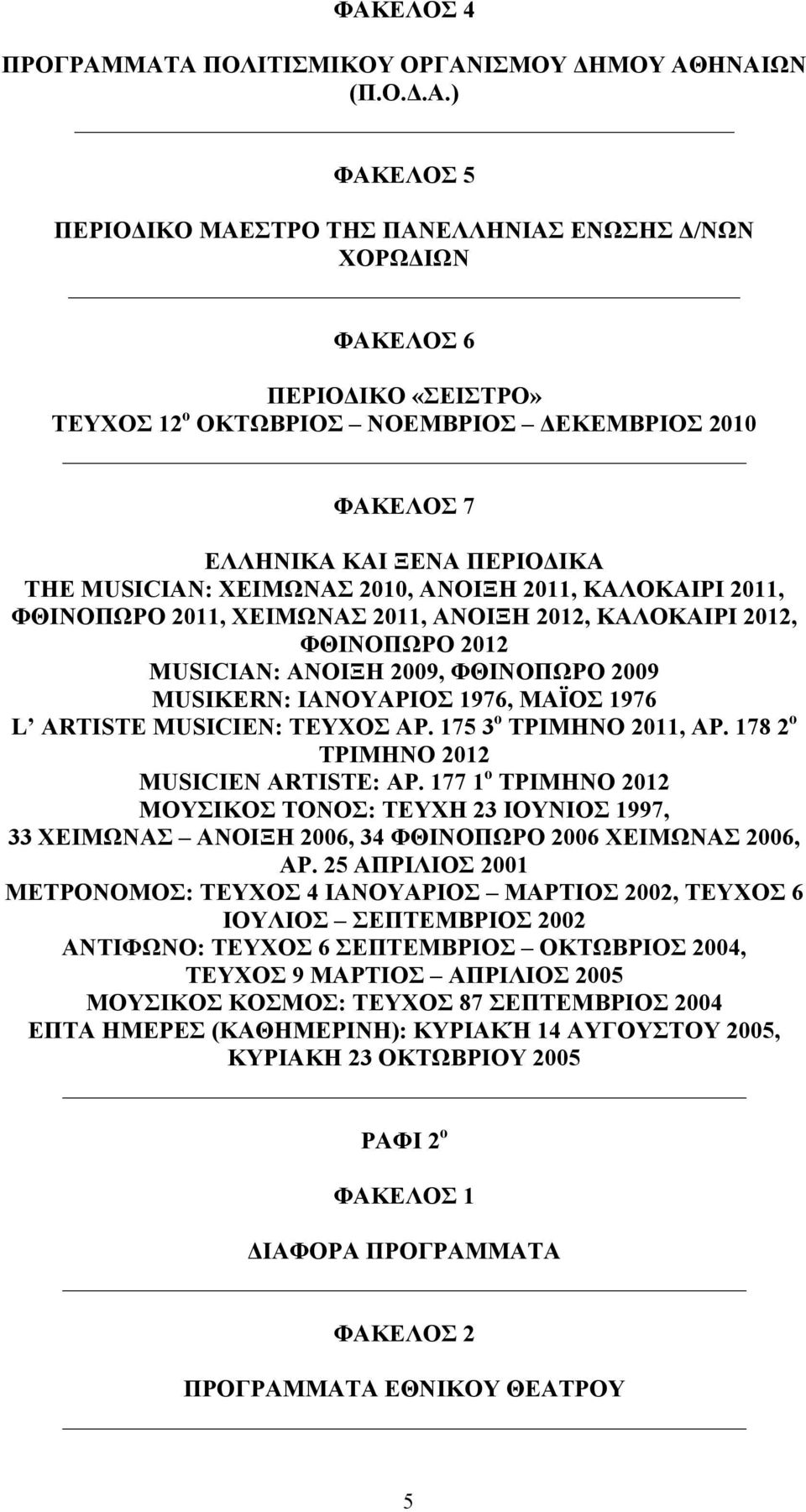 ΑΝΟΙΞΗ 2009, ΦΘΙΝΟΠΩΡΟ 2009 MUSIKERN: ΙΑΝΟΥΑΡΙΟΣ 1976, ΜΑΪΟΣ 1976 L ARTISTE MUSICIEN: ΤΕΥΧΟΣ ΑΡ. 175 3 ο ΤΡΙΜΗΝΟ 2011, ΑΡ. 178 2 ο ΤΡΙΜΗΝΟ 2012 MUSICIEN ARTISTE: ΑΡ.