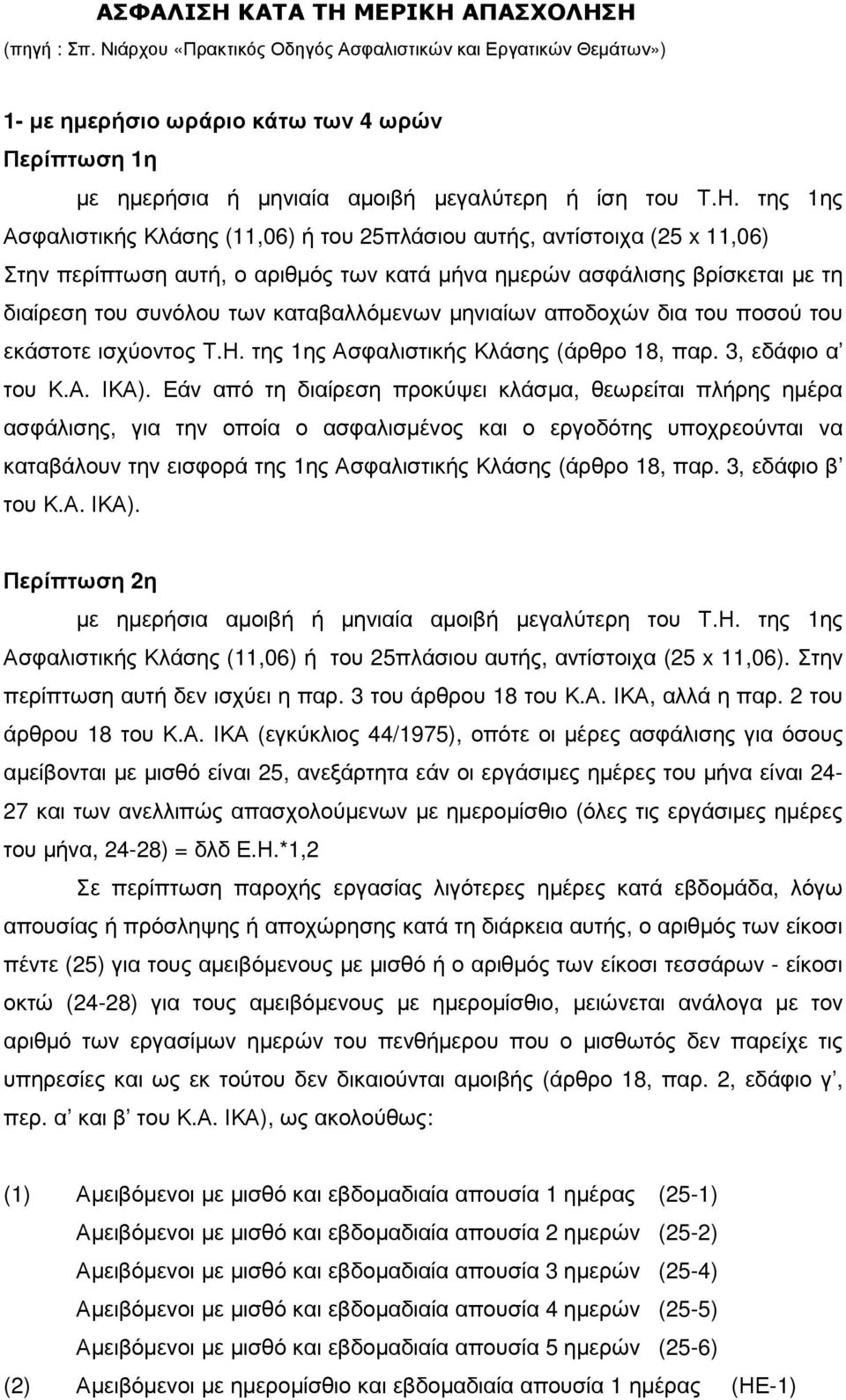 της 1ης Ασφαλιστικής Κλάσης (11,06) ή του 25πλάσιου αυτής, αντίστοιχα (25 x 11,06) Στην περίπτωση αυτή, ο αριθµός των κατά µήνα ηµερών ασφάλισης βρίσκεται µε τη διαίρεση του συνόλου των