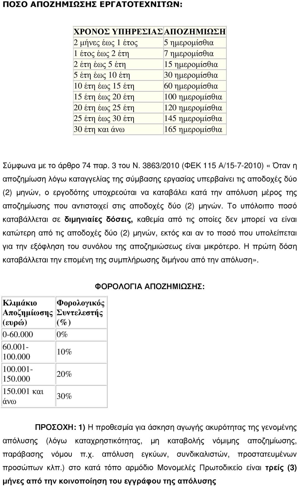 3863/2010 (ΦΕΚ 115 Α/15-7-2010) «Όταν η αποζηµίωση λόγω καταγγελίας της σύµβασης εργασίας υπερβαίνει τις αποδοχές δύο (2) µηνών, ο εργοδότης υποχρεούται να καταβάλει κατά την απόλυση µέρος της