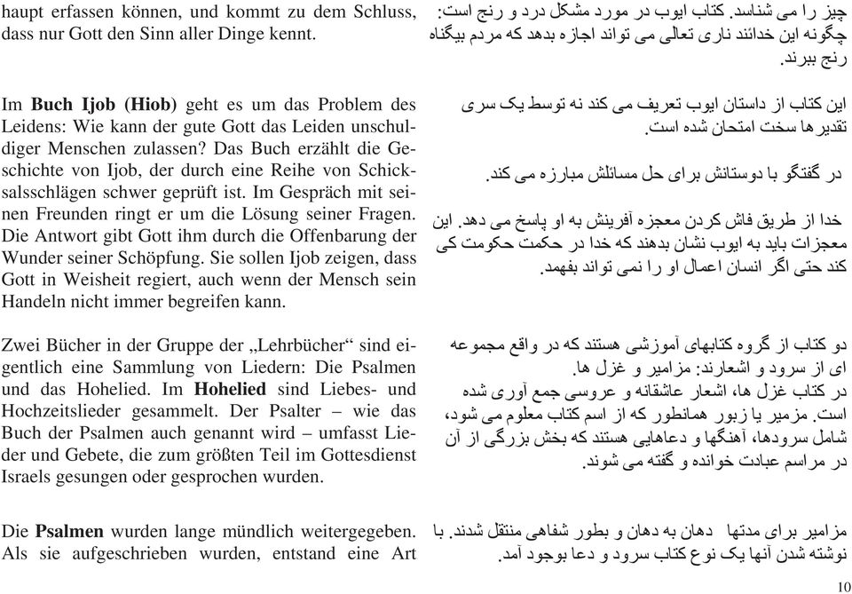 Das Buch erzählt die Geschichte von Ijob, der durch eine Reihe von Schicksalsschlägen schwer geprüft ist. Im Gespräch mit seinen Freunden ringt er um die Lösung seiner Fragen.