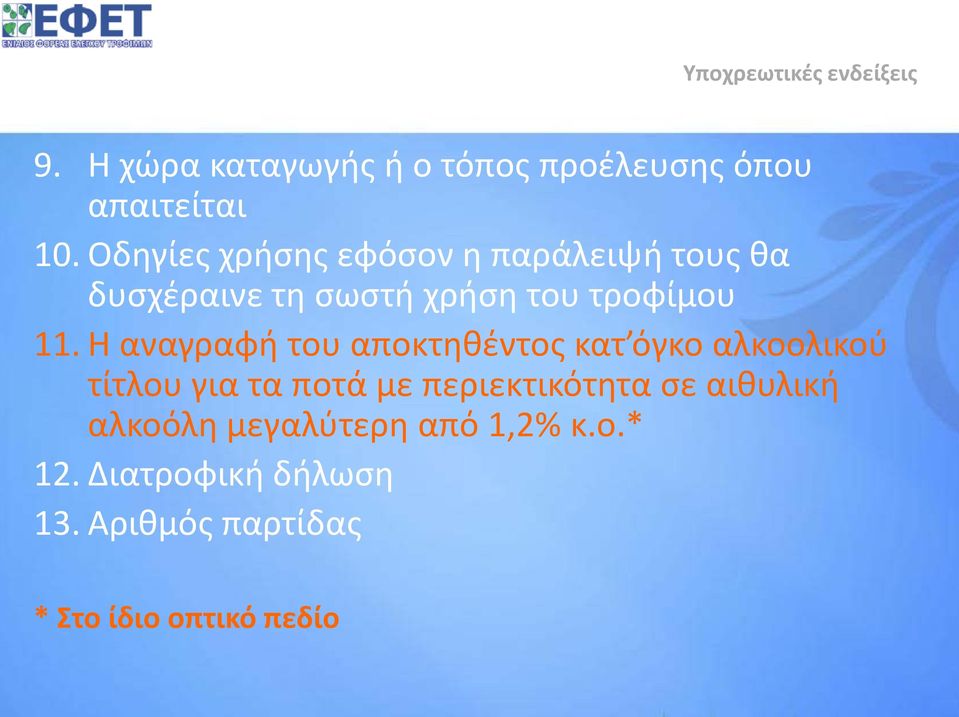 Η αναγραφή του αποκτηθέντος κατ όγκο αλκοολικού τίτλου για τα ποτά με περιεκτικότητα σε