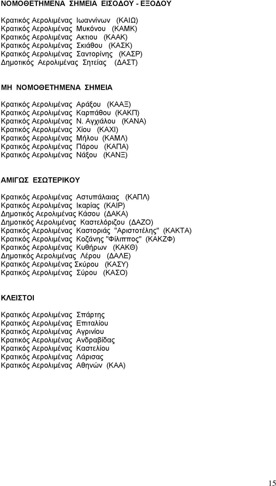 Αγχιάλου (ΚΑΝΑ) Κρατικός Αερολιμένας Χίου (ΚΑΧΙ) Κρατικός Αερολιμένας Μήλου (ΚΑΜΛ) Κρατικός Αερολιμένας Πάρου (ΚΑΠΑ) Κρατικός Αερολιμένας Νάξου (ΚΑΝΞ) ΑΜΙΓΩΣ ΕΣΩΤΕΡΙΚΟΥ Κρατικός Αερολιμένας