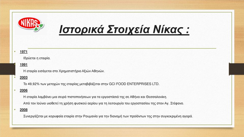 2006 Η εταιρία λαμβάνει μια σειρά πιστοποιήσεων για τα εργοστάσιά της σε Αθήνα και Θεσσαλονίκη.