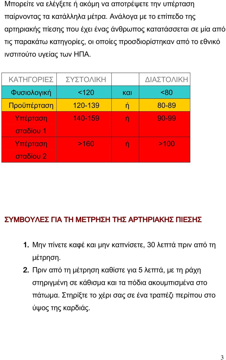 ΗΠΑ. ΚΑΤΗΓΟΡΙΕΣ ΣΥΣΤΟΛΙΚΗ ΔΙΑΣΤΟΛΙΚΗ Φυσιολογική <120 και <80 Προϋπέρταση 120-139 ή 80-89 Υπέρταση 140-159 ή 90-99 σταδίου 1 Υπέρταση σταδίου 2 >160 ή >100 ΣΥΜΒΟΥΛΕΣ ΓΙΑ ΤΗ