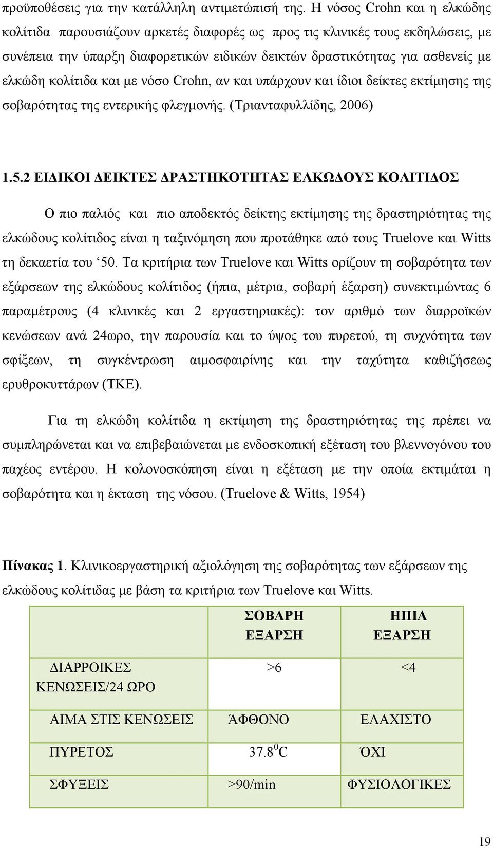 κολίτιδα και µε νόσο Crohn, αν και υπάρχουν και ίδιοι δείκτες εκτίµησης της σοβαρότητας της εντερικής φλεγµονής. (Τριανταφυλλίδης, 2006) 1.5.