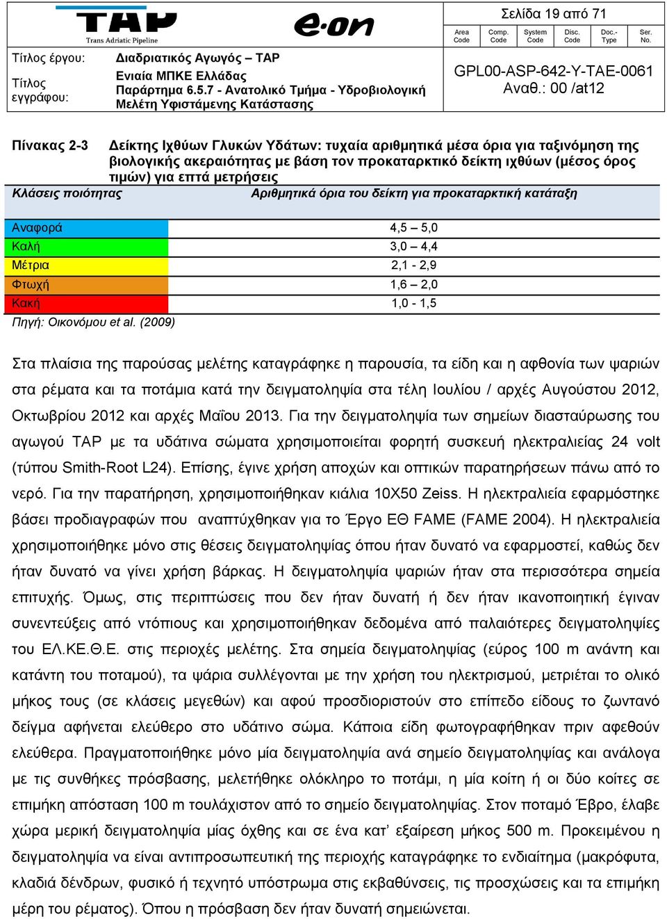 (2009) Στα πλαίσια της παρούσας μελέτης καταγράφηκε η παρουσία, τα είδη και η αφθονία των ψαριών στα ρέματα και τα ποτάμια κατά την δειγματοληψία στα τέλη Ιουλίου / αρχές Αυγούστου 2012, Οκτωβρίου