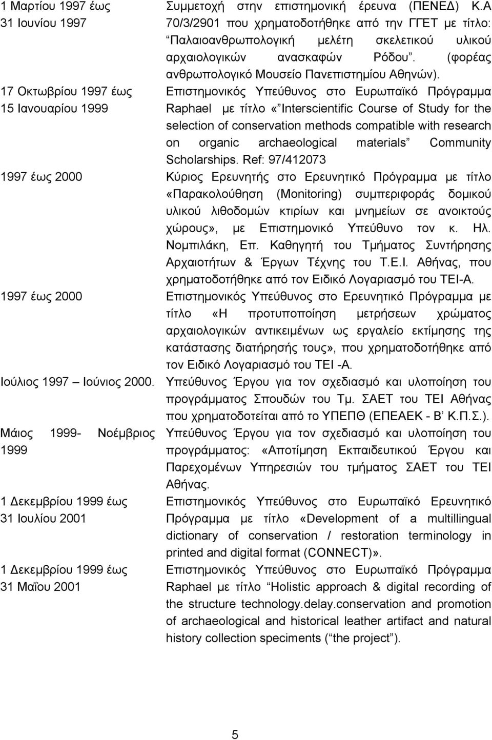 Επιστηµονικός Υπεύθυνος στο Ευρωπαϊκό Πρόγραµµα Raphael µε τίτλο «Interscientific Course of Study for the selection of conservation methods compatible with research on organic archaeological