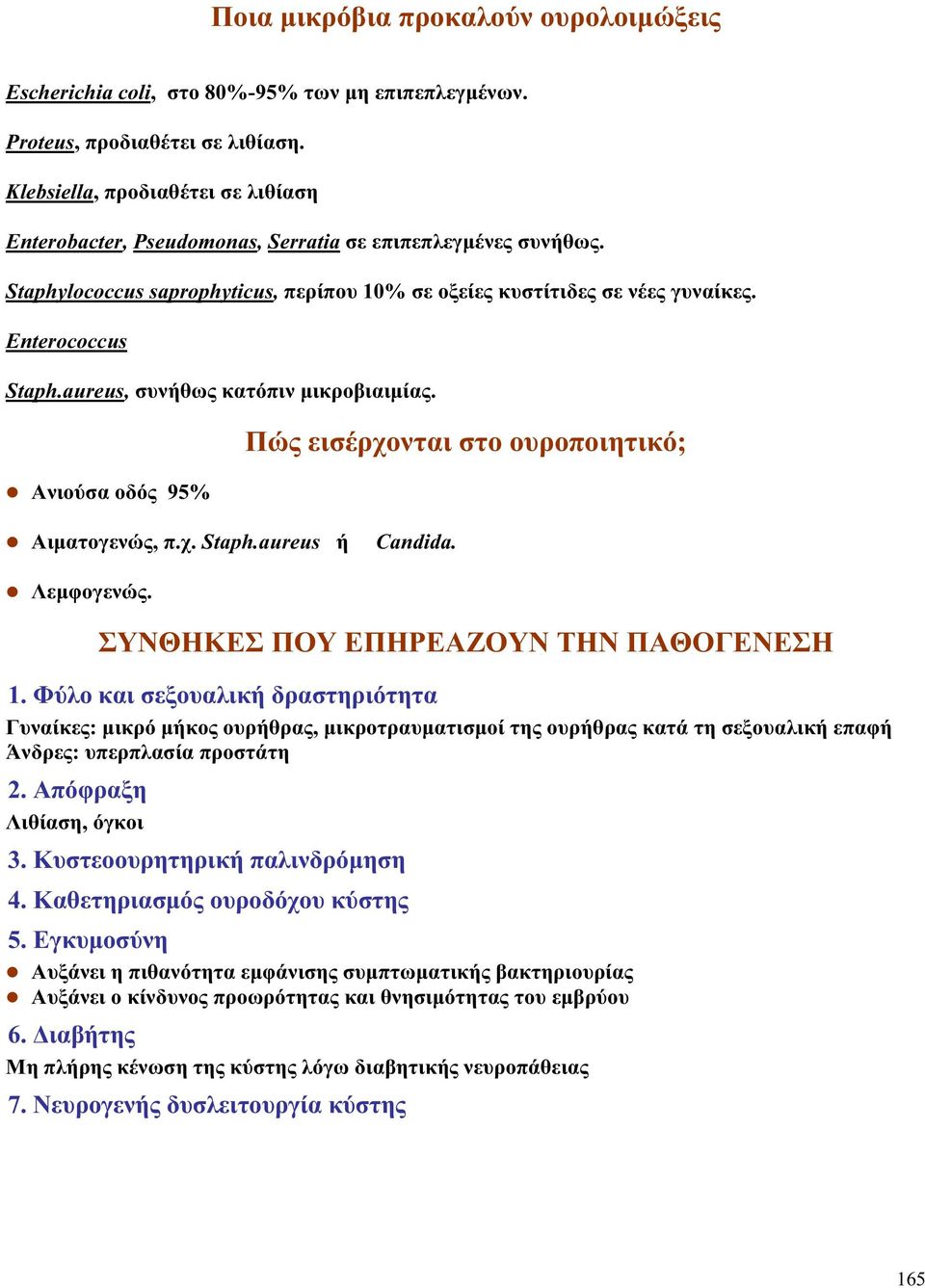 aureus, συνήθως κατόπιν μικροβιαιμίας. Ανιούσα οδός 95% Πώς εισέρχονται στο ουροποιητικό; Αιματογενώς, π.χ. Staph.aureus ή Candida. Λεμφογενώς. ΣΥΝΘΗΚΕΣ ΠΟΥ ΕΠΗΡΕΑΖΟΥΝ ΤΗΝ ΠΑΘΟΓΕΝΕΣΗ 1.