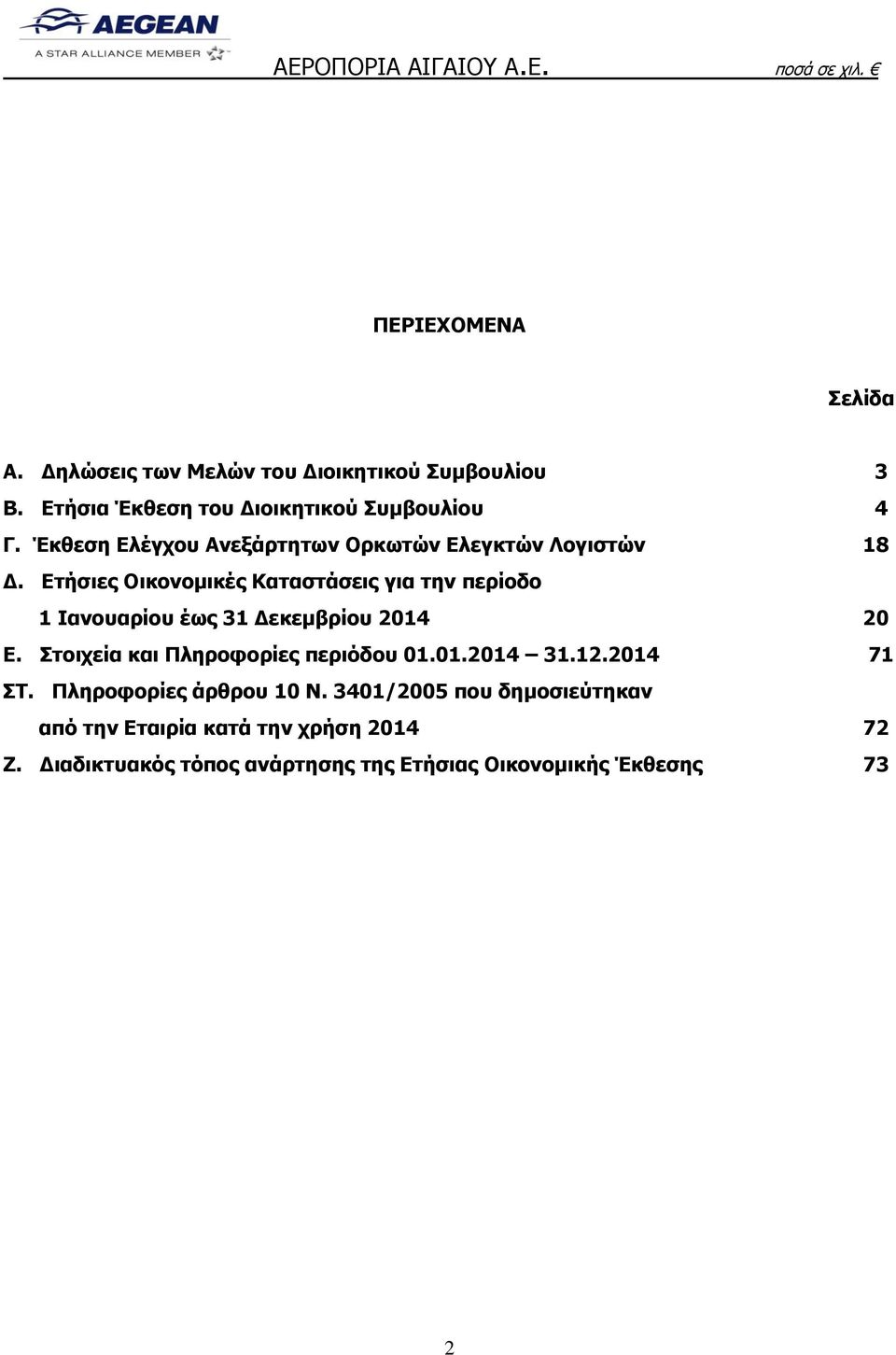 Ετήσιες Οικονομικές Καταστάσεις για την περίοδο 1 Ιανουαρίου έως 31 Δεκεμβρίου 2014 20 E.