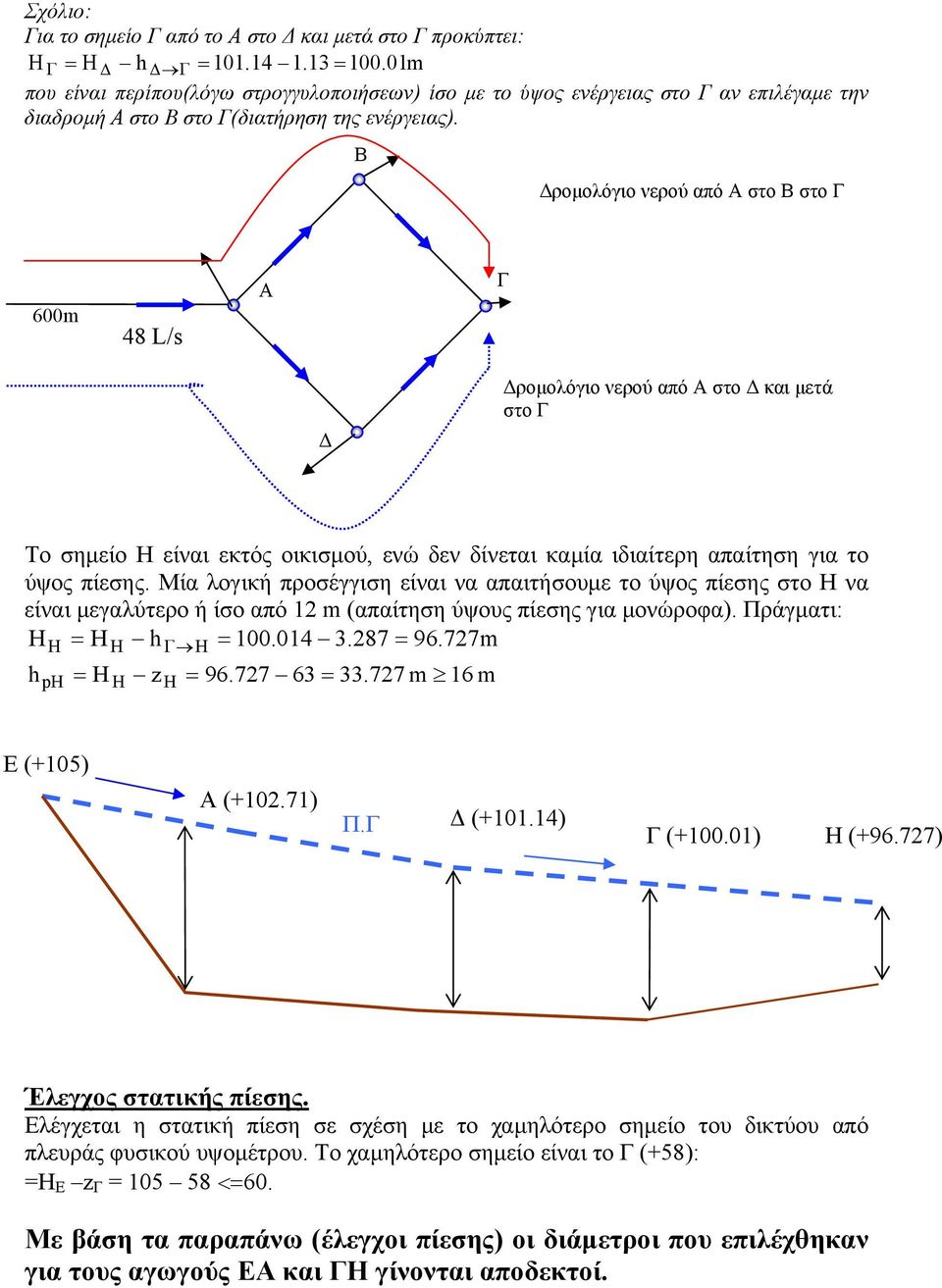 B ροµολόγιο νερού από Α στο Β στο Γ 600m 48 L/s Γ ροµολόγιο νερού από Α στο και µετά στο Γ Το σηµείο Η είναι εκτός, ενώ δεν δίνεται καµία ιδιαίτερη απαίτηση για το ύψος πίεσης.
