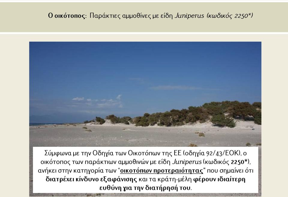 Juniperus (κωδικός 2250*), ανήκει στην κατηγορία των οικοτόπων προτεραιότητας που σημαίνει