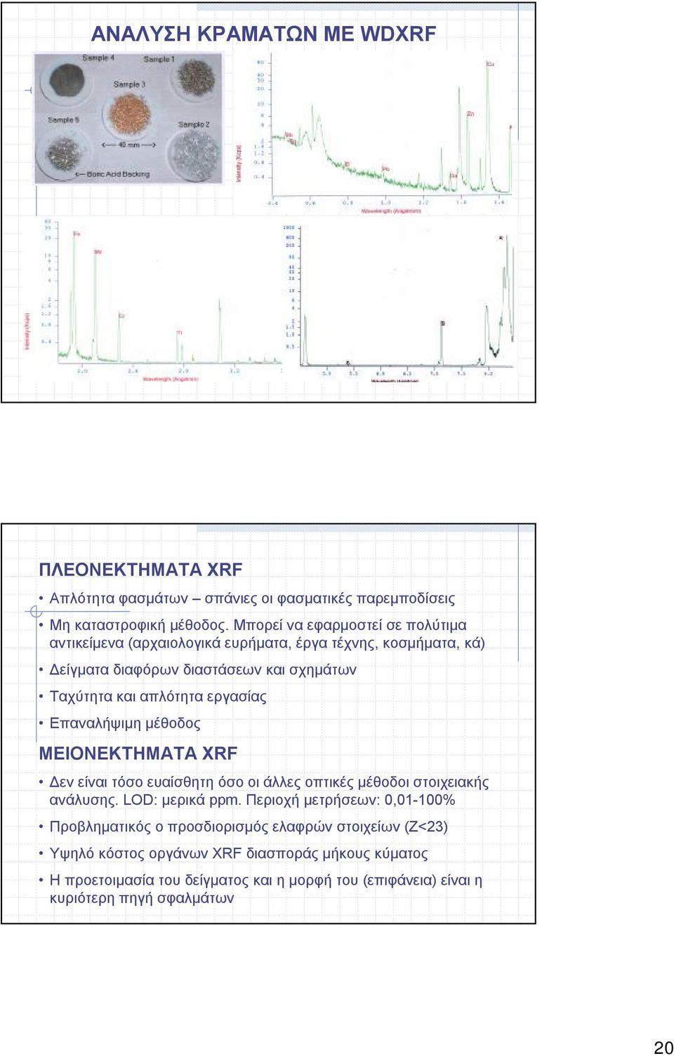 εργασίας Επαναλήψιμη μέθοδος ΜΕΙΟΝΕΚΤΗΜΑΤΑ XRF Δεν είναι τόσο ευαίσθητη όσο οι άλλες οπτικές μέθοδοι στοιχειακής ανάλυσης. LOD: μερικά ppm.