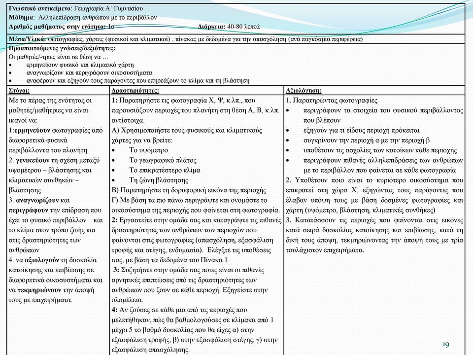 αναγνωρίζουν και περιγράφουν οικοσυστήματα αναφέρουν και εξηγούν τους παράγοντες που επηρεάζουν το κλίμα και τη βλάστηση Στόχοι: Δραστηριότητες: Αξιολόγηση: Με το πέρας της ενότητας οι 1: Παρατηρήστε