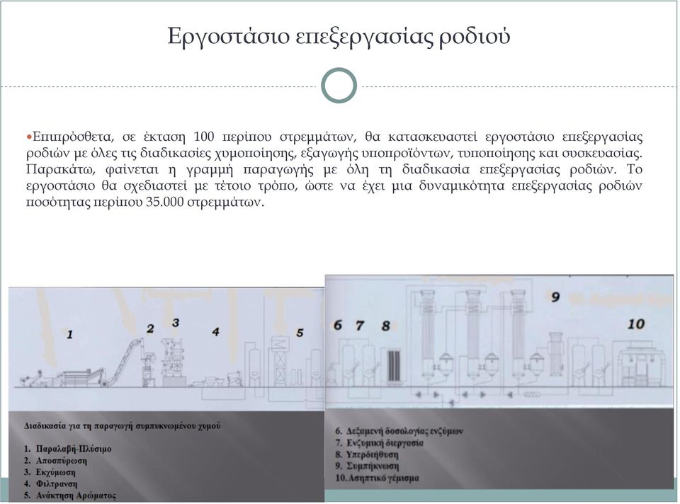 συσκευασίας. Παρακάτω, φαίνεται η γραμμή παραγωγής με όλη τη διαδικασία επεξεργασίας ροδιών.