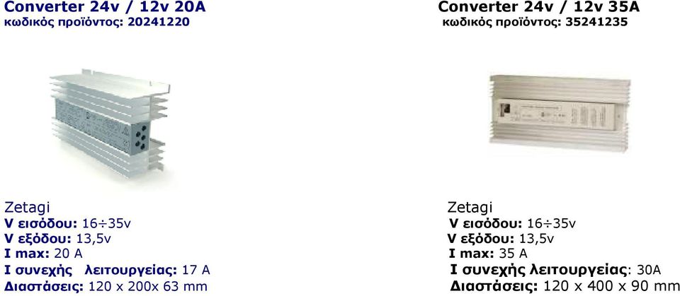 εξόδου: 13,5v V εξόδου: 13,5v I max: 20 A I max: 35 A I συνεχής λειτουργείας: 17