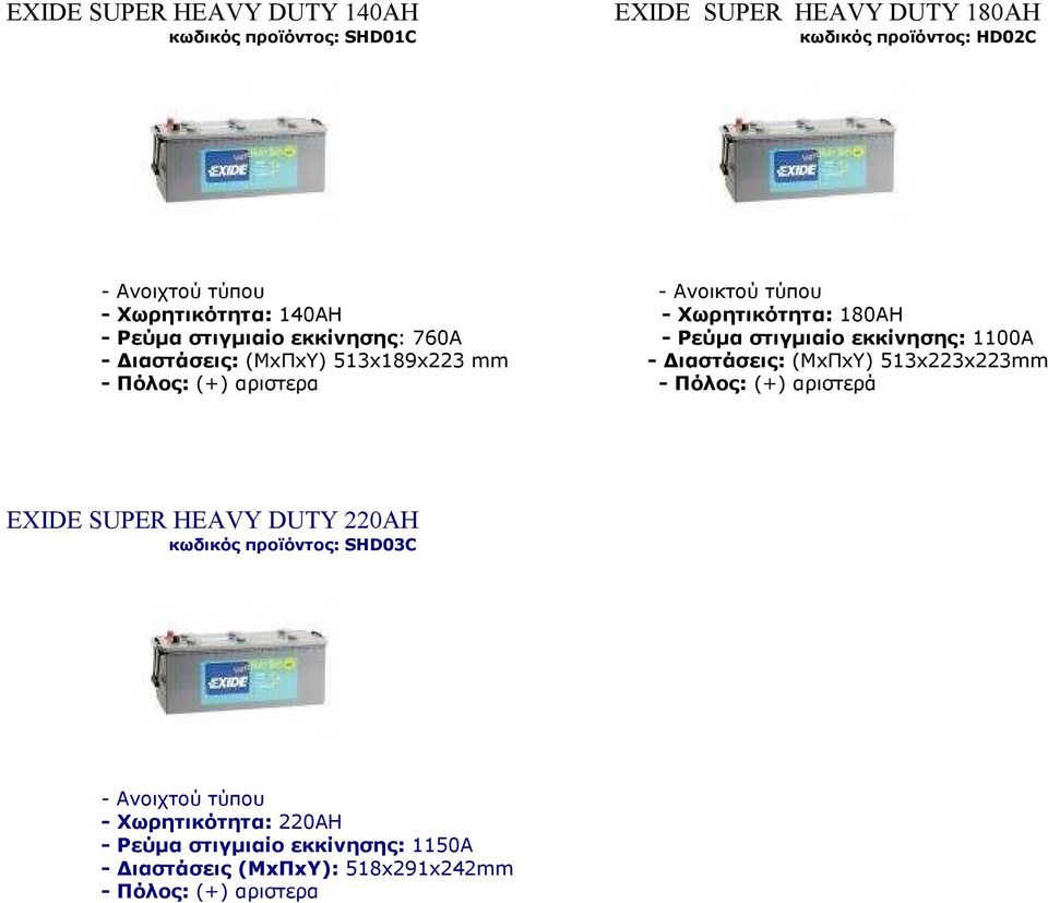 (ΜxΠxΥ) 513x189x223 mm - ιαστάσεις: (ΜxΠxΥ) 513x223x223mm - Πόλος: (+) αριστερα - Πόλος: (+) αριστερά EXIDE SUPER HEAVY DUTY 220AH κωδικός