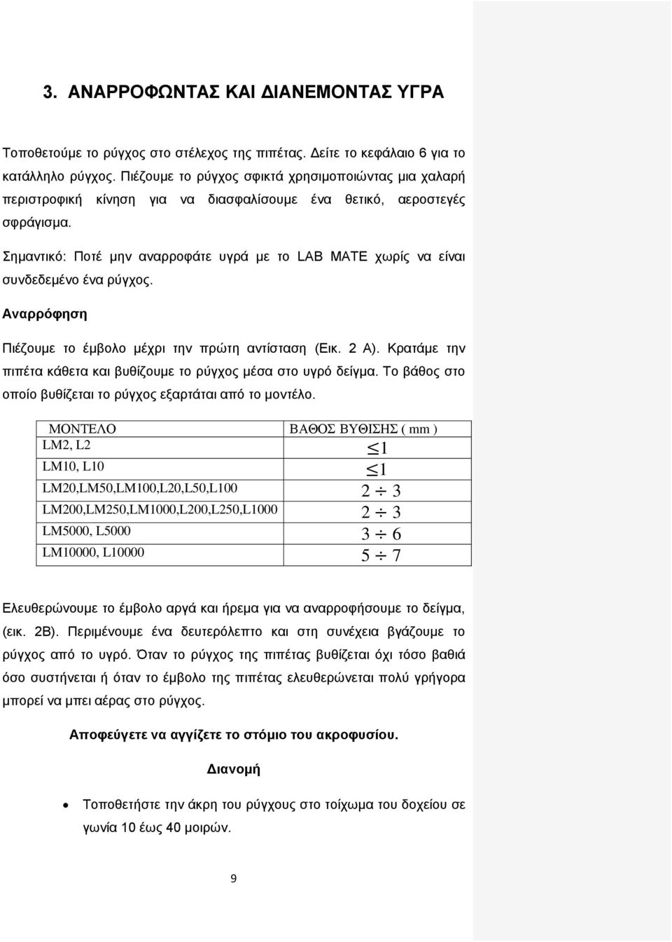 Σημαντικό: Ποτέ μην αναρροφάτε υγρά με το LAB MATE χωρίς να είναι συνδεδεμένο ένα ρύγχος. Αναρρόφηση Πιέζουμε το έμβολο μέχρι την πρώτη αντίσταση (Εικ. 2 Α).